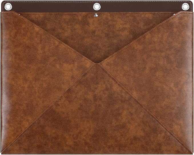 Huhumy Rustic Wall File Organizer Full Grain Leather Vintage Holder for Documents 3 Ring Binder Wall Mounted File Holder Hanging Leather Portfolio Organizer for Office Mail Letters Invoices Envelopes