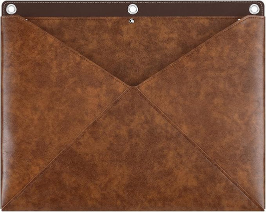 Huhumy Rustic Wall File Organizer Full Grain Leather Vintage Holder for Documents 3 Ring Binder Wall Mounted File Holder Hanging Leather Portfolio Organizer for Office Mail Letters Invoices Envelopes