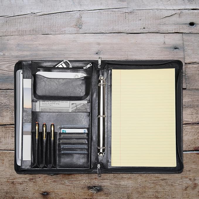 Vegan Leather 3 Ring Binder Portfolio, 8.5 x 14 Legal Size Pad Holder, Hidden Handle, Zippered Padfolio with 15” Laptop Organizer, Professional Business Folio for Men Women, Black