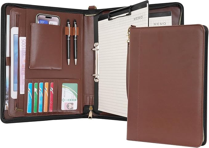Wason A4 Portfolio with Zipper - Leather PU Padfolio with Detachable Ring Binder and Writing Notepad Holder, Conference File Multi-Pockets Organizer for Office Travel School (Coffee)
