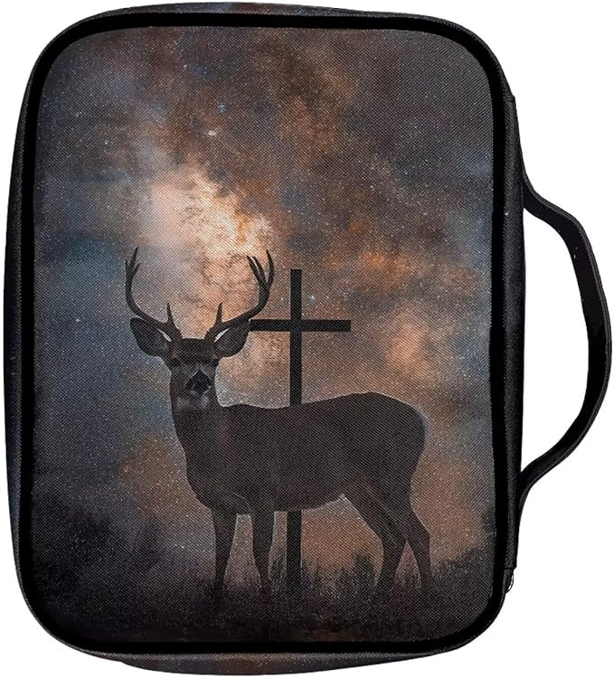 Suobstales Deer Cross Galaxy Print Bible Cover Portable Carrying Book Case Multi-Functional Bible Case Bible Organizer Case with Handle and Zippered Back Pocket