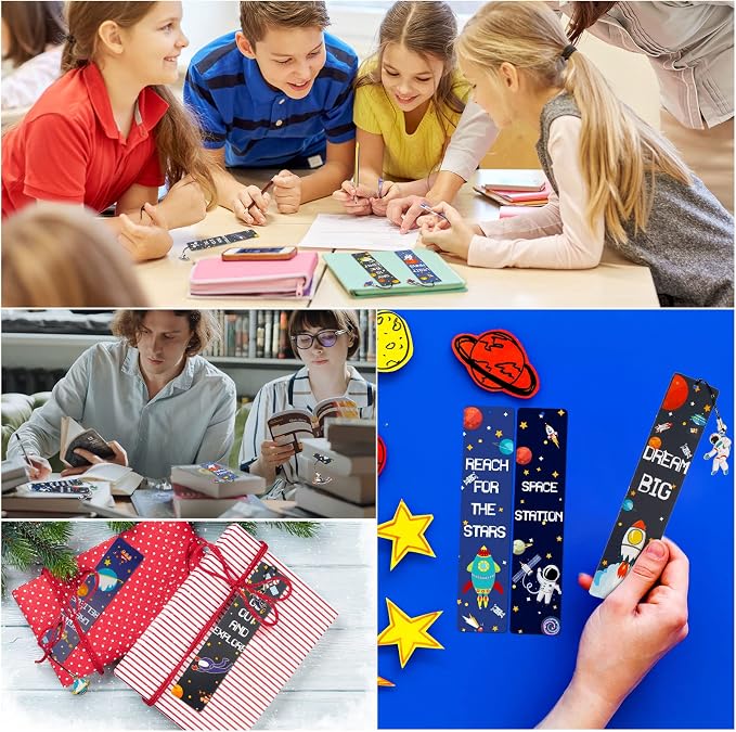 72 Pack Space Bookmarks Bulk for Kids, Outer Space Themed Party Favors, Astronaut Rocket Planet Galaxy Theme Birthday Party Favors, Bookmarks with Metal Charms for Boys Girls, Classroom Rewards Gifts