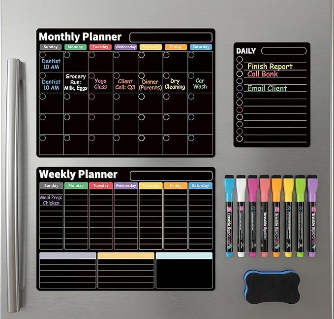 Magnetic Black Calendar for Refrigerator (3-Pack, Ships Flat) - 17"x12" Monthly, Weekly & Daily Planner with Lined Grids - Nano-Tech Dry Erase Fridge Board, 8 Neon Liquid Chalk Markers
