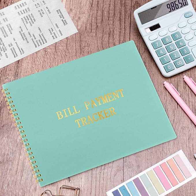 HAUTOCO Bill Tracker Notebook Monthly Bill Payment Tracker for Personal Budgeting Home Financial with 2 Storage Pocket, Payments Checklist Organizer Bill Planner 10.1 x 7.8'', Mint Green