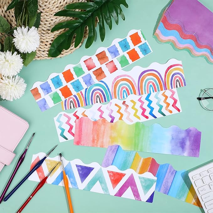 240 Pcs 236ft Holiday Bulletin Board Borders Colorful Rainbow Scalloped Border Trim Bulk Bulletin Decor for Classroom Back to School Decor(Watercolor Style)