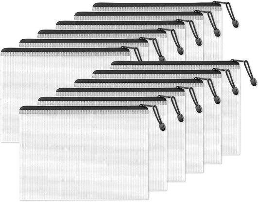 SUNEE Plastic Mesh Zipper Pouch 9.2x12.5 in (Black, 12 Packs),Extra Large Water-Resistant Zip Bag for School Office Supplies, Puzzles & Games Organizing Storage