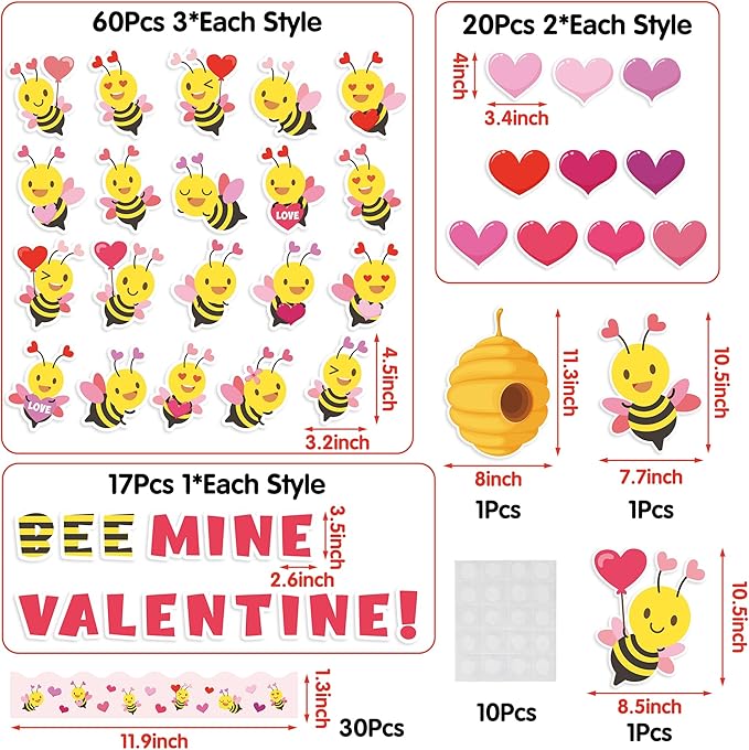140Pcs Valentine's Day Bee Bulletin Board Classroom Decorations Bee Mine Valentine Heart Accent Cutouts Name Tags Border Trim Party School Classroom Chalkboard Door Wall Decor