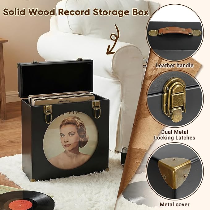 Solid Wood Vinyl Record Storage Box with Display Window - Holds 30 LPs, Acrylic Front, Leather Handle & Metal Lock for 12/10/7 Inch Records (Black)