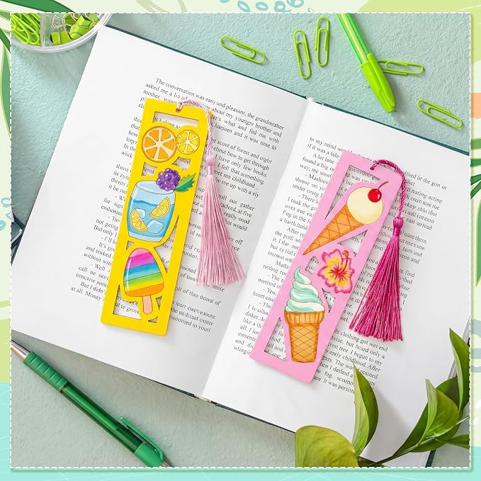 Yexiya 50 Sets Summer Ice Cream DIY Bookmarks Kit for Kids Bulk 100 Pcs Unfinished Wood Crafts with Tassels for Summer Camp Classroom Rewards and 2026 End of Year Student Gifts