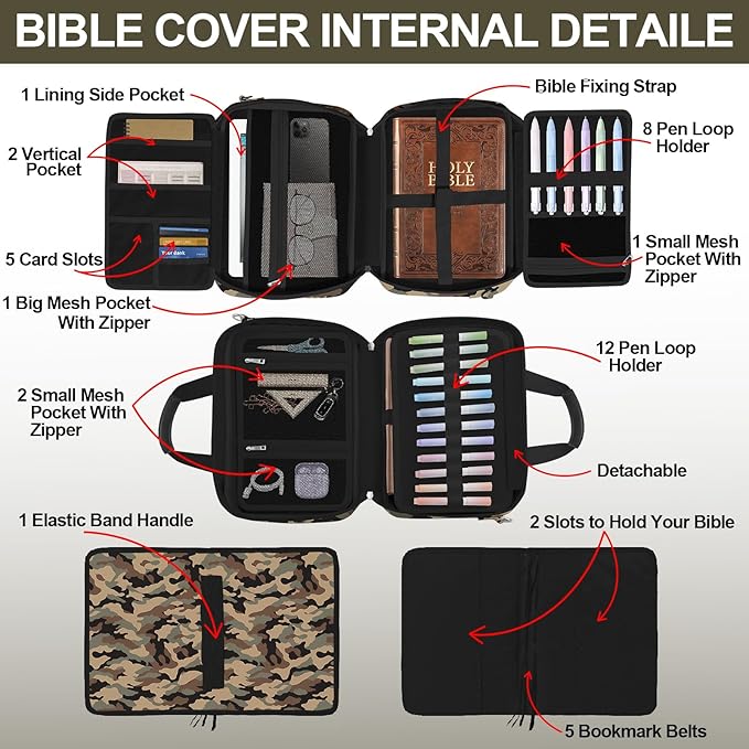 Camo Bible Case Covers for Boys, Large Bible Tote Bag for Men,Bible Carrier,Bible Holder Organizer with Shoulder Strap Zipper Pocket,Bible Study Supplies Kit With Highlighters,Tabs,Pens,Christian Gift