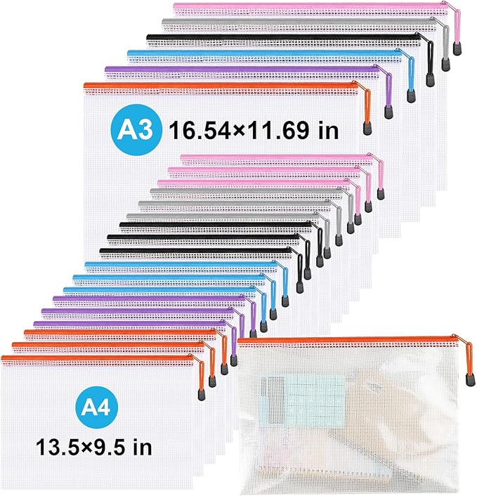 Mesh Zipper Pouches,Zipper Bags A3 A4 Size,Puzzle Storage Bags for Classroom Organization,Travel Storage and Office School Supplies. (A4*18Pcs+A3*6Pcs)