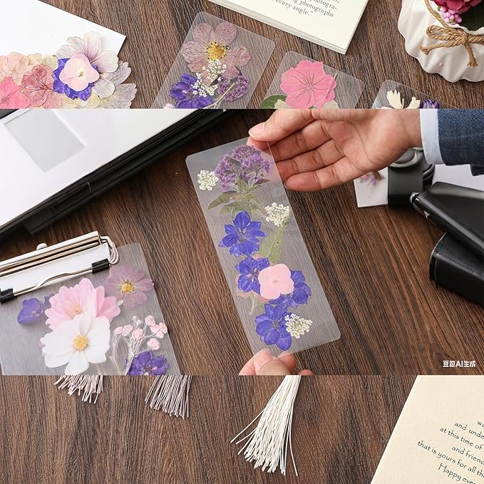 Fuyoooo 376 Pcs Dried Flower Bookmark Making Kit, DIY Bookmark Laminating Pouches with Tassels and Puncher DIY Project Gifts for Women Night Out Craft Book Lovers (Boho Color,2 x 6 Inch)