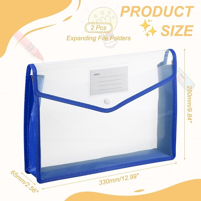 PATIKIL Plastic Expanding File Folders, 2 Pack A4 File Folder Envelopes Letter Size Document Organizer Supplies with Snap Closure for Classroom Office, Blue, Horizontal