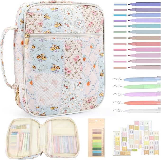 Zkptops Bible Cover Case for Women Girls Large Bible Bag Cotton Quilted Floral Bible Carrying Case with Zipper Pocket and Handle Christian Carrying Book Cover for Christian Study Supplies Accessories