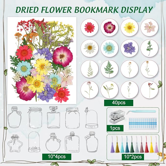Large Size Bookmark Set, Pressed Flowers Bookmark Set, Bookmarks Making kit, Include Real Flowers Leaves, Cute Glass Bottle Shape, Handmade DIY with Tweezers Puncher Colorful Tassels