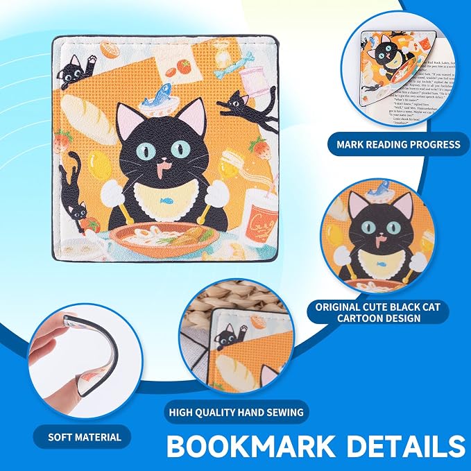 4Pack Bookmarks Cute Black Cat Themed Corner Page Markers Rural Style Artificial Leather Book Page Holders for Reading,Teachers Students Book School Office Accessories