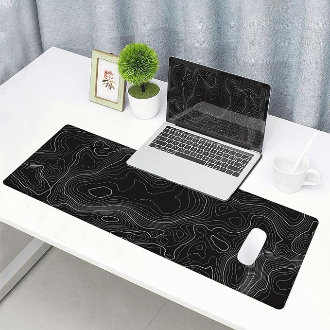 Gaming Mouse Pad, Large Topographic Mouse Pads for Desk, Non-Slip Rubber Base Mousepad, Keyboard Mouse Mat, Desk Pad with Stitched Edges, 31.5x11.8inch, Black Geographic Lines