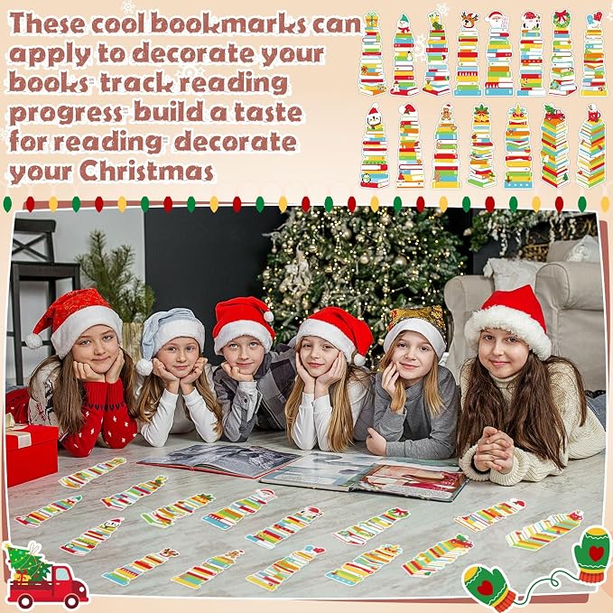Kolldenn 150 Pcs Book Tracker Bookmarks Bulk 6.3 x 1.97 Inch Bookshelf Love to Read Bookmarks Paper Tracking Double Sided Reading Page Markers for Back to School Reading Lover(Classic Christmas)