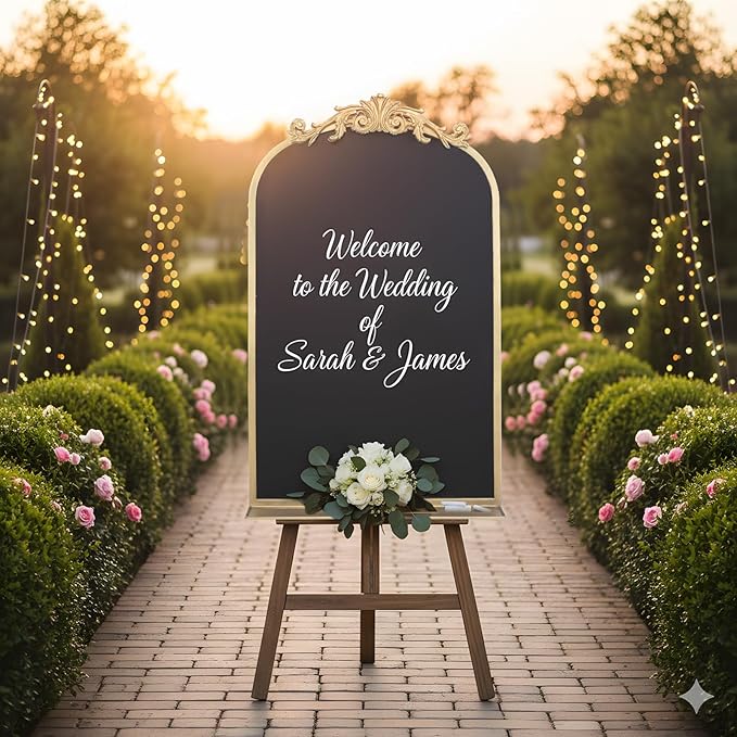 Vintage Magnetic Arch Chalkboard with Shelf - 19"x31" Decorative Wall Mounted Ornate Gold Framed Blackboard with Chalk, Clips & Cloth - Elegant Wedding Sign & Kitchen Menu Home Decor
