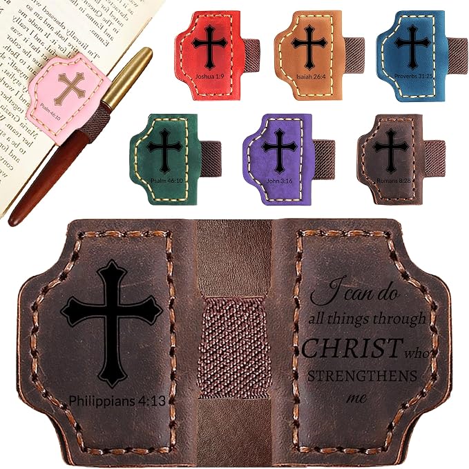 Personalized Leather Bookmark with Pen Holder - Magnetic Bible Verse Design, Christian Book Lovers Reading Accessory, for Book Lovers Men Women (Coffee, Philippians 4:13)