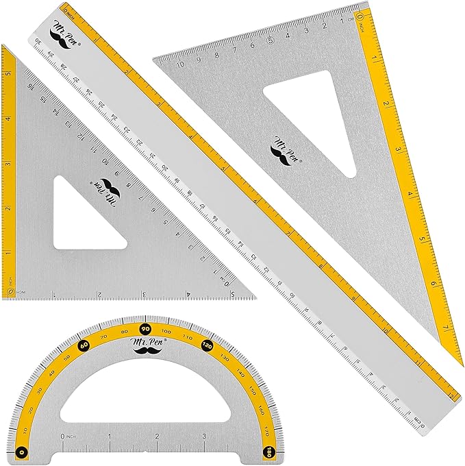Mr. Pen- Metal Geometry Kit, 4 Pack, 45° & 30°/60° Set Squares, 6" Protractor & 12" Ruler, Durable Metal Drafting Tools for Technical Drawing, Math, Engineering & Architecture