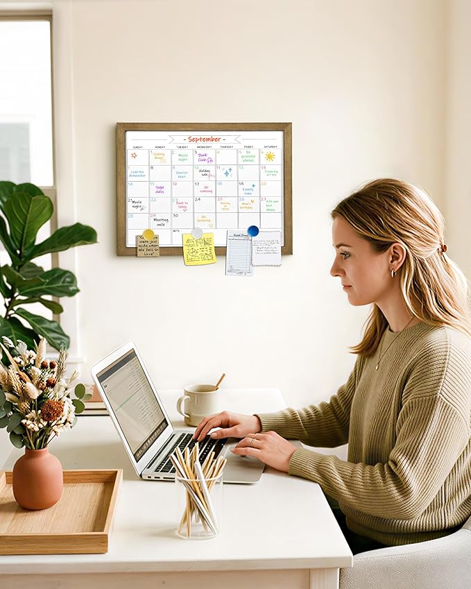 Dry Erase Monthly Calendar Whiteboard, Magnetic Surface White Board for Wall, Office/School/Home, Solid Pine Wood Rustic Brwon Frame Hanging Board & Planning Board, 13"x 17" (YL-RB-3343-B)