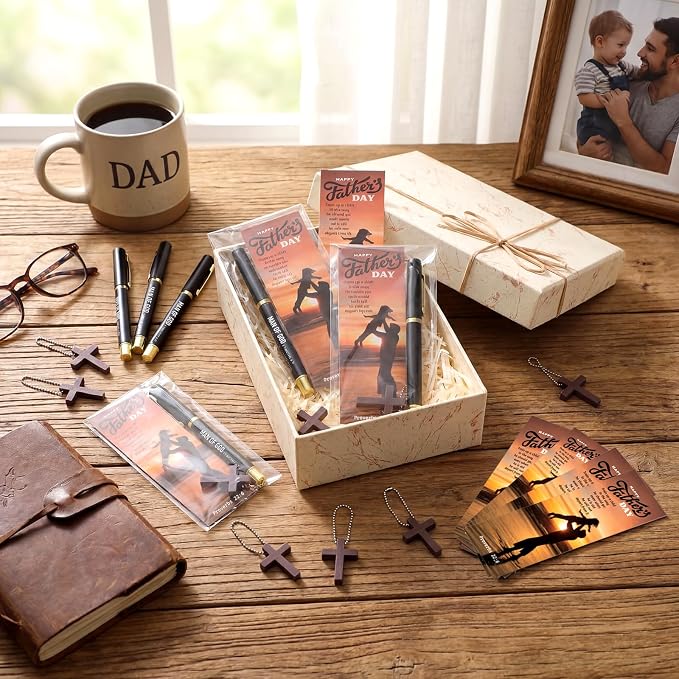 Motiskyy 24 Sets Father Day Gifts Bulk for Church Man of God Bible Verse Pens with Bookmarks Christian Cross Keychains Religious Baptism Gift Bulk for Church Pastor Men Dad