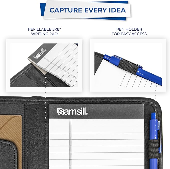 Samsill Professional Padfolio, Faux-Leather Mini Portfolio, with 5 x 8 Writing Pad, Black