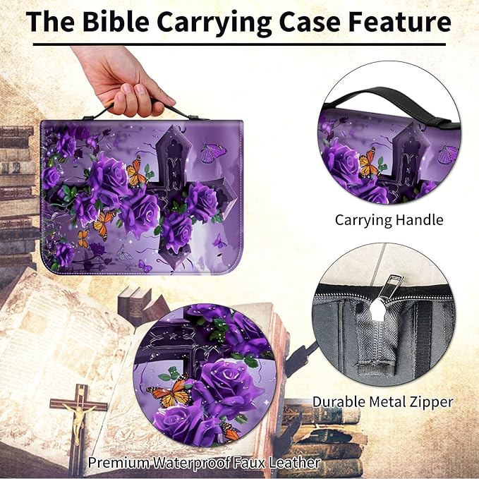 Bible Cover Case for Women,Large Leather Bible Case Fit Book Up to 11x8x2 Inch,Cross with Purple Rose Butterflies Bible Covers for Girls,Bible Study Carrier Church Bags w/Handle Zipper