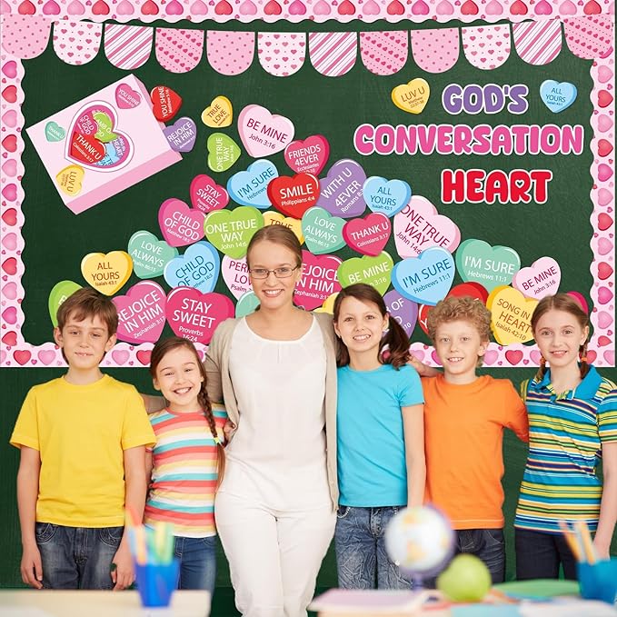 gisgfim Valentine's Day Conversation Heart Bulletin Board Set Decorations Christian Sweetheart Classroom Decor Jesus Religious Cutouts for School Home Chalkboard Valentines Party Supply(God's Heart)