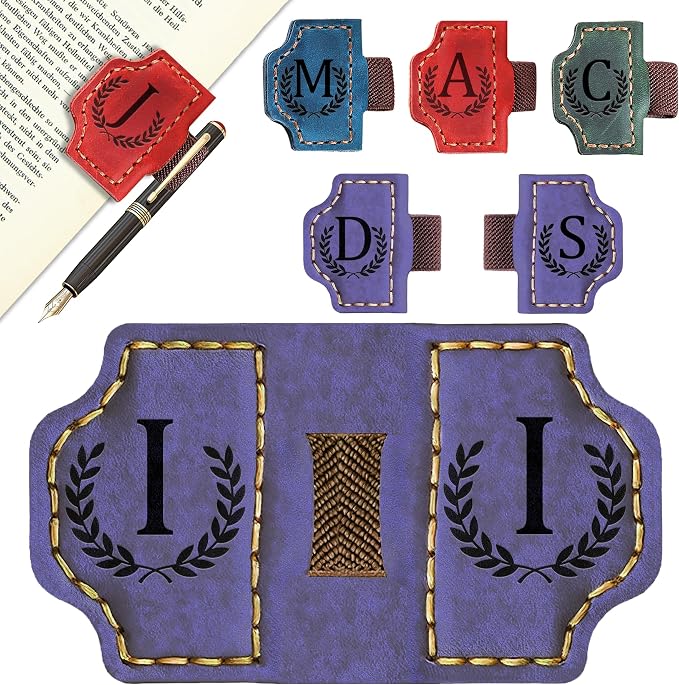 Custom Magnetic Bookmarks with Pen Holder, Personalized 26 Letters Name Initial Leather Bookmark, Leather Book Mark for Men Women Teachers, Readers Book Lovers Gifts (Purple, I)