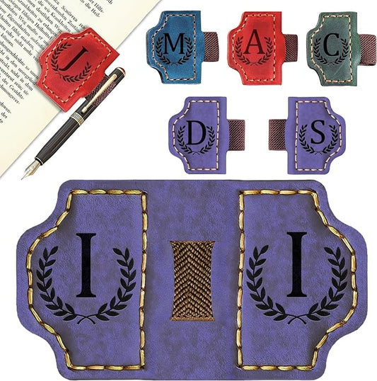 Custom Magnetic Bookmarks with Pen Holder, Personalized 26 Letters Name Initial Leather Bookmark, Leather Book Mark for Men Women Teachers, Readers Book Lovers Gifts (Purple, I)