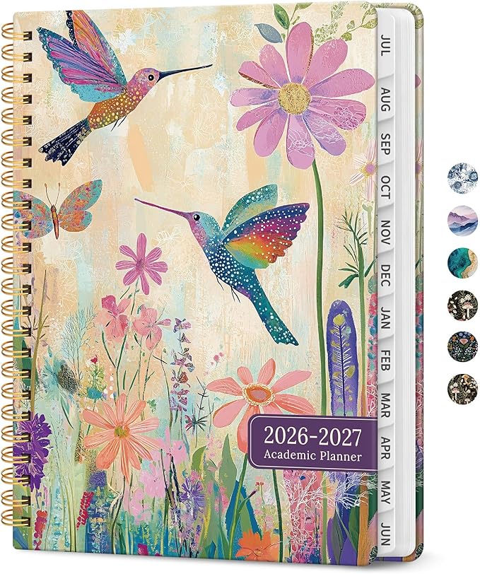 Planner 2026-2027, Academic Monthly and Weekly Calendar Planner for Women, July 2026 - June 2027, Hardcover Pretty Agenda Planner Book with Tabs, Spiral Daily Organizer for School Office Home Supplies, 6.3" x 8.5" - Hummingbird Garden