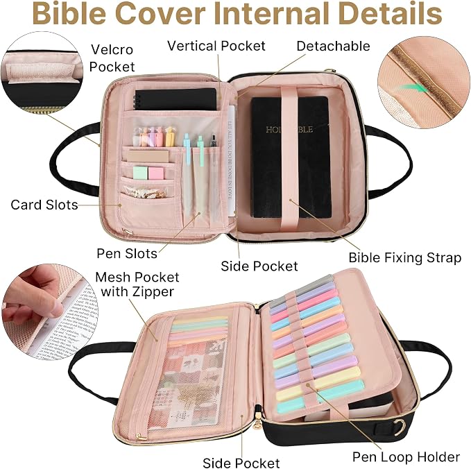 PUGPIU Bible Cover Case for Women, Large Quilted Bible Bag with Shoulder Strap and Handle, Bible Study Supplies Journaling Kit with Highlighters Pens No Bleed Tabs Notebook Cross Clips, Black