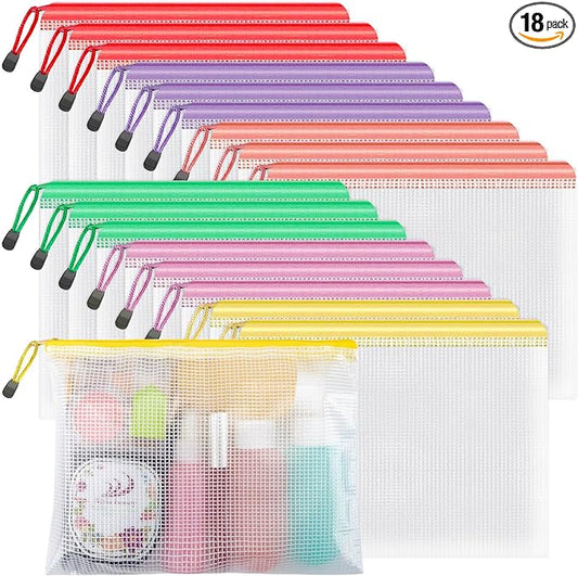 Umriox Zipper Mesh Document Pouch, 9.5x7.1 in (6 Colors, 18 Packs), Clear Zipper Pouches, Waterproof Zipper Pouches for Office Supplies Cosmetics Travel Storage