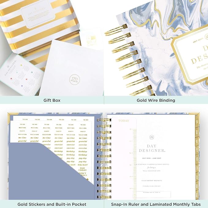 Day Designer 2026-2027 Daily Academic Year Planner Calendar, July 2026 - June 2027, 7.4" x 9.5", Glossy Laminated Cover, Wirebound, Laminated Tabs, Storage Pocket, Includes Stickers & Snap-In Ruler, Azure