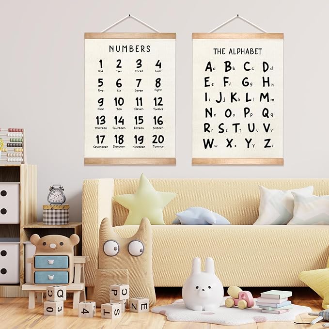Alphabet and Numbers Educational Chart Set of 2 for Classroom Decor,Colorful Educational Poster for Toddlers 1-3,Toddler Learning Poster for Ages 3-5 for Nursery Playroom,Classroom Must Haves (Black Font)