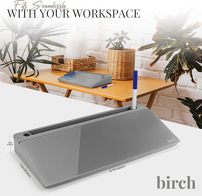 Birch Small Desktop Whiteboard – Glass Dry Erase Board Desk Pad Keyboard Stand with Storage Compartment, Adjustable Dividers, 3 Markers, Eraser & Holder – Perfect for Office, Home, & School (Charcoal)