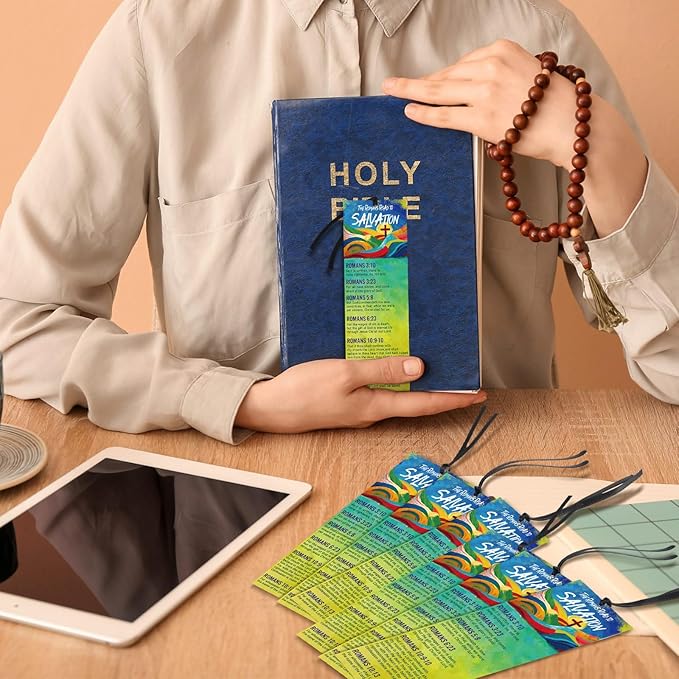 Fuyoooo 100 Pcs Romans Road to Salvation Bookmarks 6 x 2 Inches Roman's Road Bookmarks Gospel Tracts with 100 Pcs Hanging Strings Christian Inspirational Scripture Gift for Church Men Women