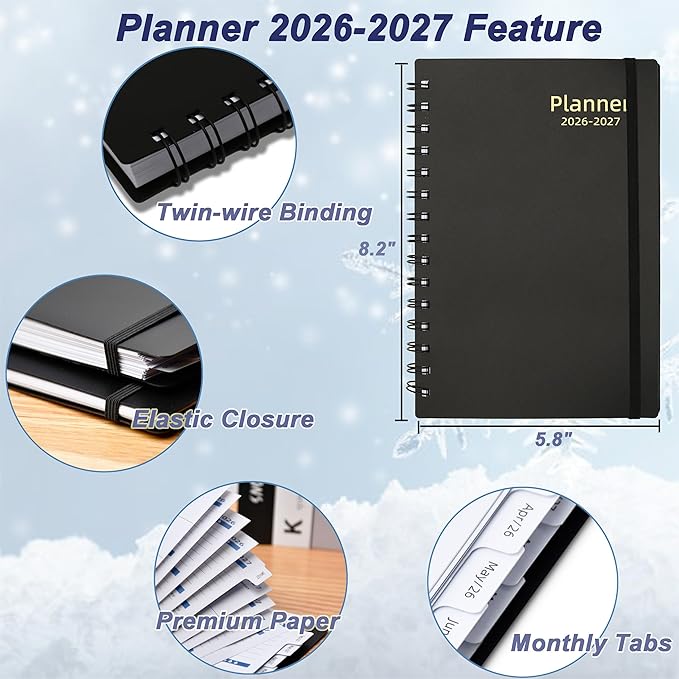 Daily Planner 2026-2027, 2026 Planner Weekly & Monthly, from Jan 2026-Jun 2027, 18 Month Calendar 2026 Planner with Tabs, A5 Size, Black