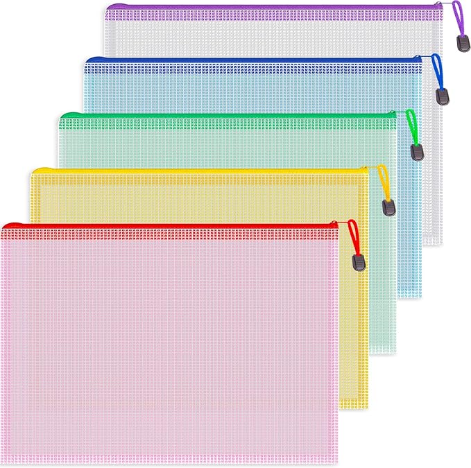Koogel 5PCS Mesh Zipper Pouch Bags, A4 Zipper File Bags for Organizing Storage, Waterproof Plastic Pencil Pouches, Reusable File Bag for School, Office Classroom Organization Supplies, 5 Colors