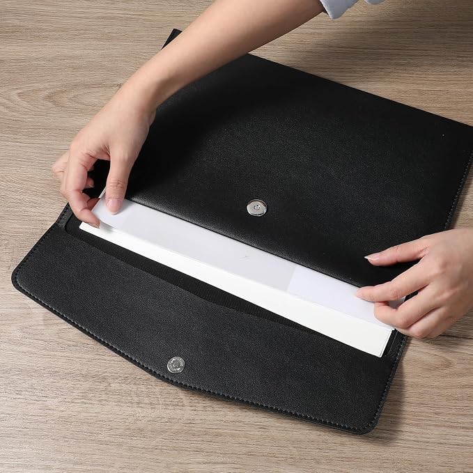 PU Leather A4 File Document Holder, A4 File Folder Waterproof Portfolio Envelope Folder Case with Snap Button Closure for Letter Size, Travel, Resume, Black
