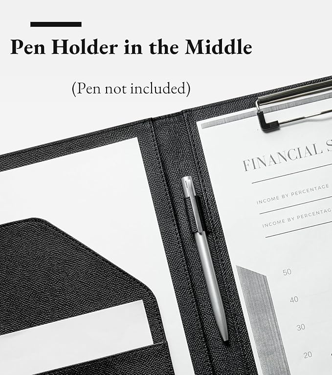 Zreal Padfolio Portfolio for Women and Men, Faux Leather Clipboard Folder with Document Organizer, Business Card & Pen Holder, Fits A4 Letter Size Legal pad for Work, Office & Conference (Black)