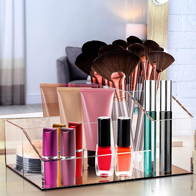 Clear Acrylic Makeup Brush Organizer with Metallic Rose Gold Base, 4 Compartment Office Organizers for Desk, For Makeup Storage Bathroom Organization, Classroom Organization & Desk Accessories