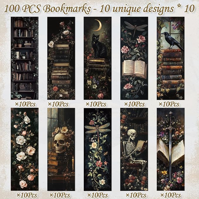 Wxiben Dark Academia Bookmarks for Women - 100 Pcs Gothic Flower Book Mark Retro Aesthetic Bookmark Skull Dragonfly Plants Page Marker Clip Gift for Book Lovers Students Teachers Bookish Reading