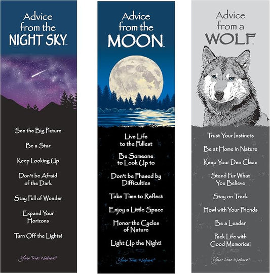 Advice 3 Bookmark Night Set, Laminated with Glossy Finish, Printed on Recycled Paper, Wolf, Moon, Dark Sky (AMBM-Night)