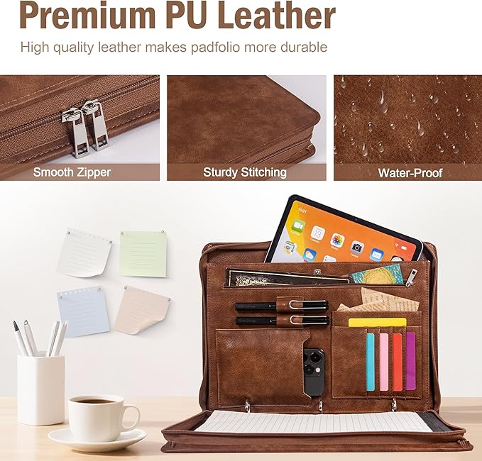 Calfinder 3 Ring Portfolio Binder with Zipper,Leather Padfolio for Men&Women,Business Portfolio Organizer with Tablet/Documents Holder,Leather Padfolio Binder for Interview/Office,Valentine's Day Gift