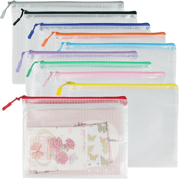 Multibey 10 Pack 10 Colors Mesh Zipper Pouch Bags, A5-9.5 x 7.3 Inch Waterproof Mesh Stoage Pouch for Organizer, Plastic Zip Bags Small Mesh Pouch for School Office Home Travel Storage