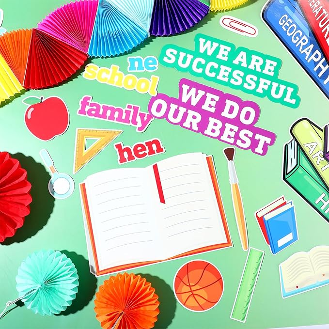 Pajean Welcome Bulletin Board Set Classroom Affirmation Station Bulletin Board Motivational Cutouts Colorful Paper Fans Pencil Border Trims for Back to School Chalkboard Wall Decor (Colorful)