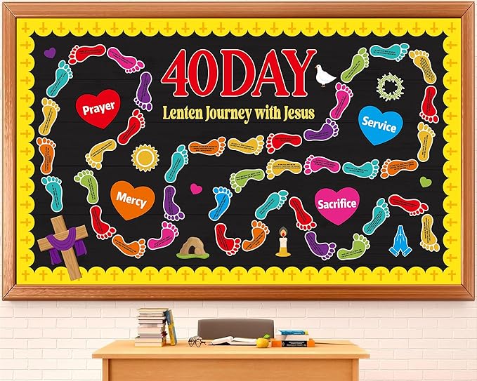 Christian Religious Bulletin Board Decorations Set Spring Sunday School Decoration 40 Day Journey with Jesus Paper Cutout Footprint Bible Verses Bulletin Board for Church Office Chalkboard Wall Decor